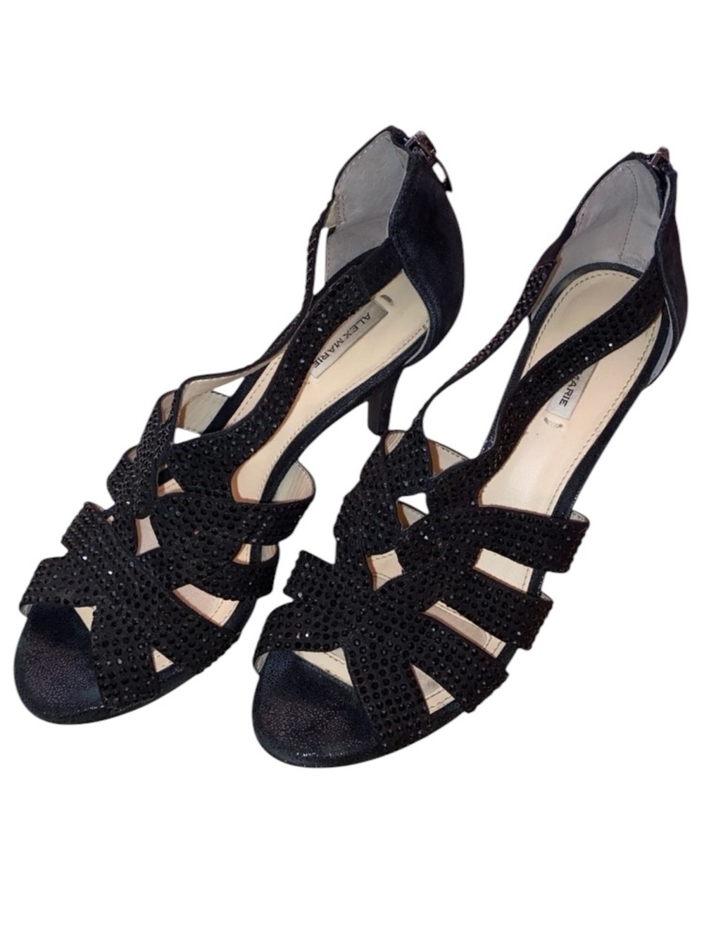 ALEX MARIE “Leeanne” Women’s Open Toe Zip Back Dress Heels BLK Size 7-1/2